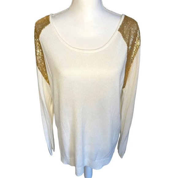 NEW Bisou Bisou‎ Women’s XL Lightweight Cream Colored Sweater Gold Sequins NWT - Picture 1 of 4